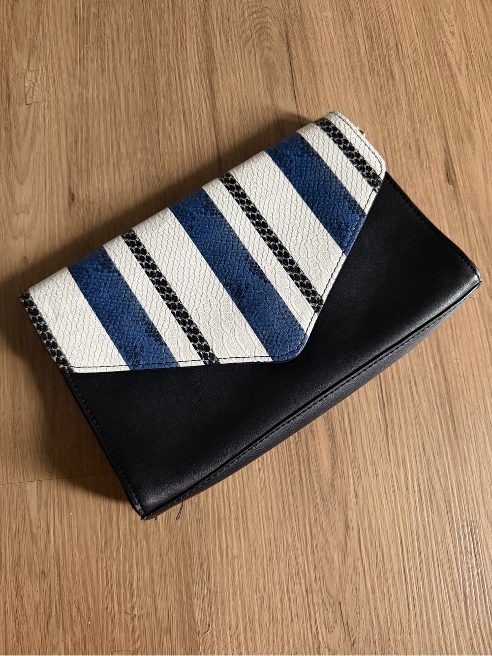 Neiman Marcus Blue, White and Black Striped Envelope Clutch